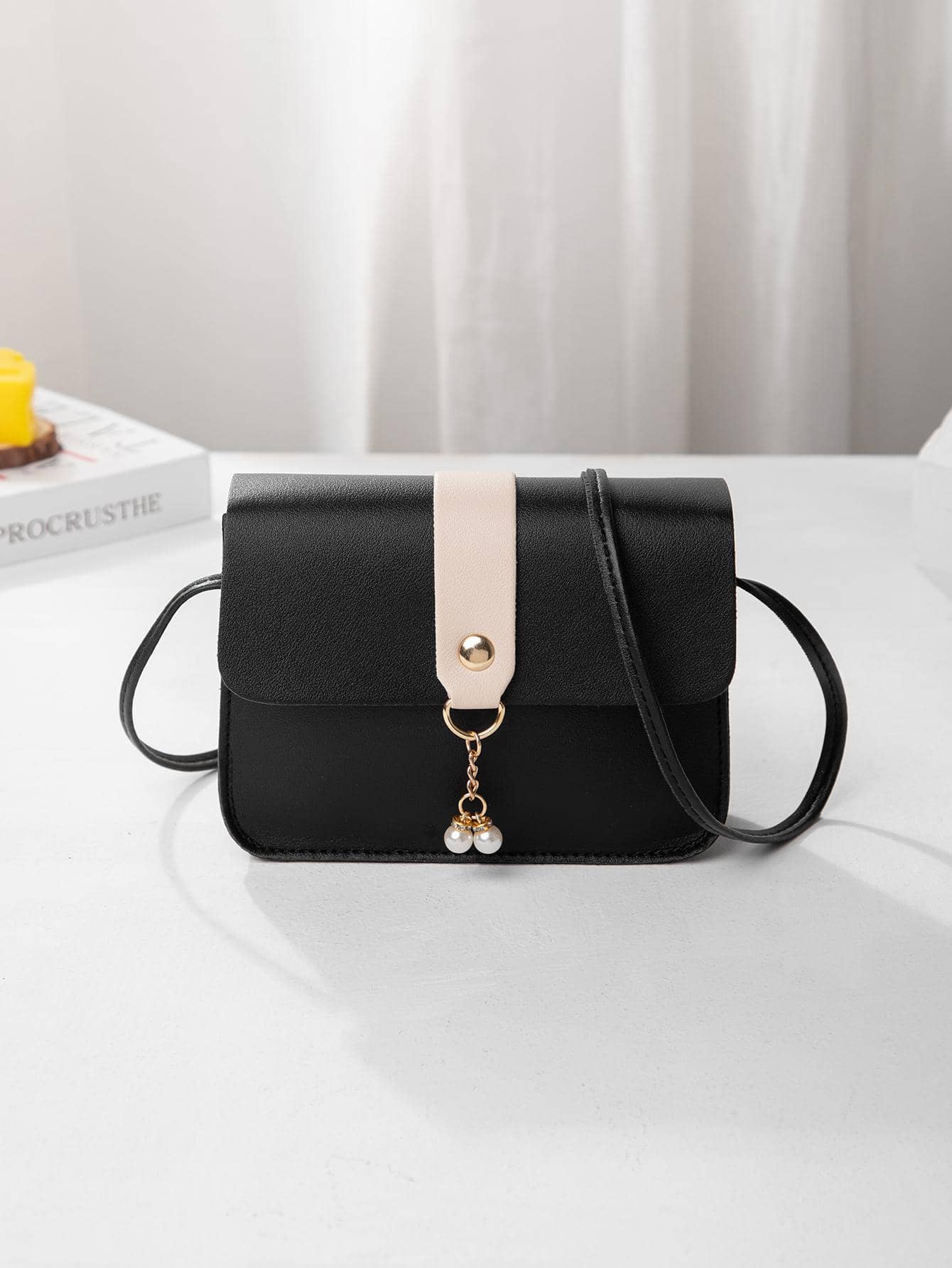 Small Square Crossbody Bag With Pearl Decoration And Colorblocking Design For Girls - Black - View 1