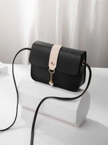 Small Square Crossbody Bag With Pearl Decoration And Colorblocking Design For Girls - Black - View 2