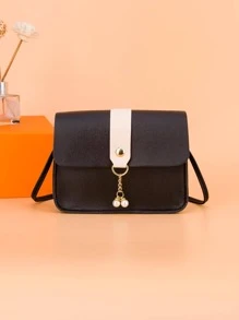 Small Square Crossbody Bag With Pearl Decoration And Colorblocking Design For Girls - Black - View 4
