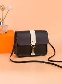 Small Square Crossbody Bag With Pearl Decoration And Colorblocking Design For Girls - Black - View 3