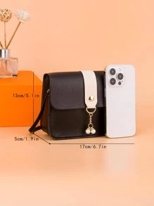 Small Square Crossbody Bag With Pearl Decoration And Colorblocking Design For Girls - Black - View 5
