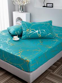 Metallic Marble Print Fitted Sheet Set Without Filler - Green - View 6