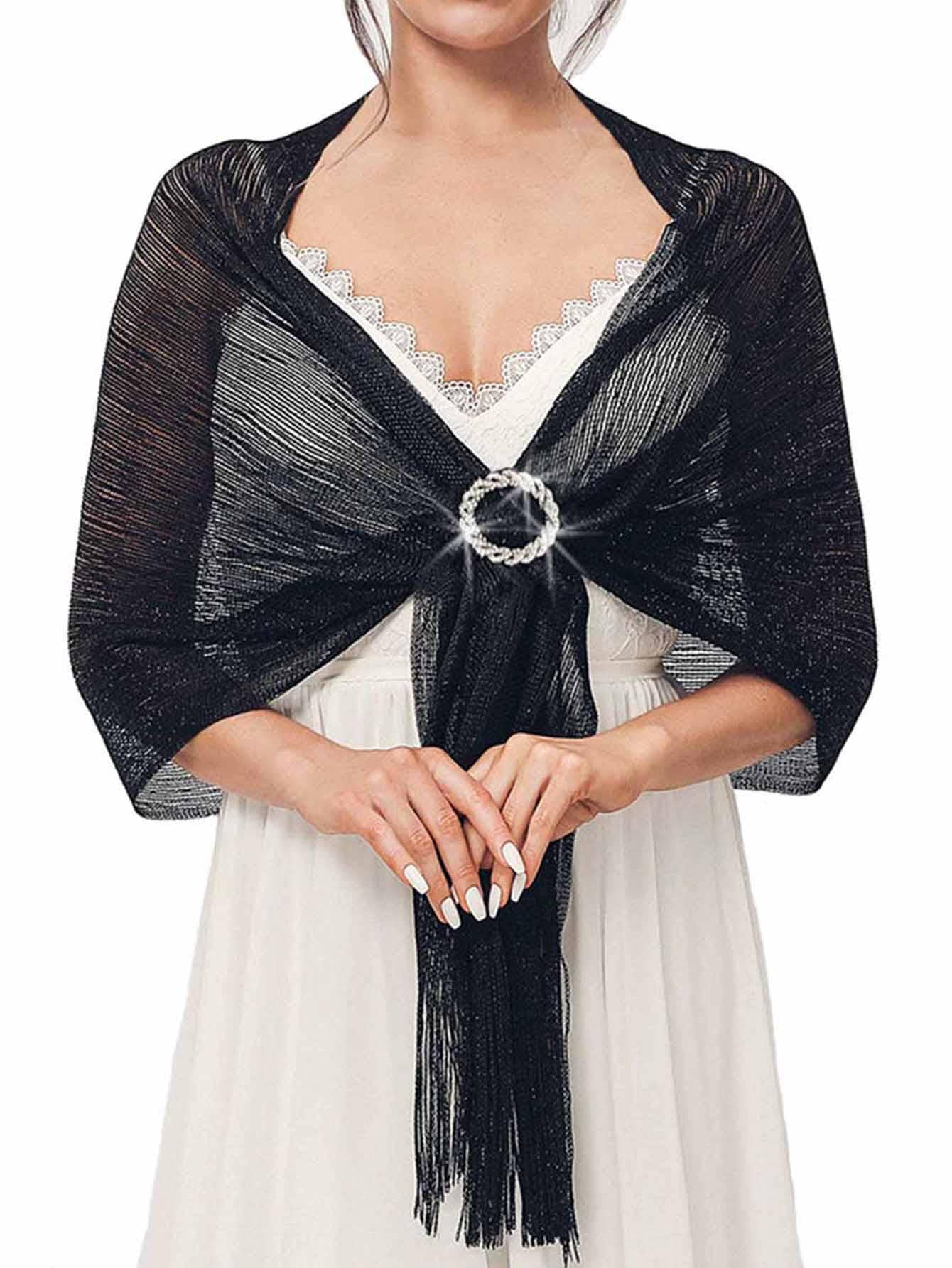 Unicra Shawls and Wraps for Evening Dress Party Scarf with Crystal Buckle Weddings Accessories for Bride and Bridesmaids - 黑色 - 查看 1
