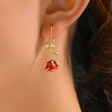 1Pair Romantic Lovely Earrings Metallic Rose Flower Red Enamel Creative Punky Drop Earrings For Holiday Party Dating Valentines,Mom,Mother,Mother's Day,Gift