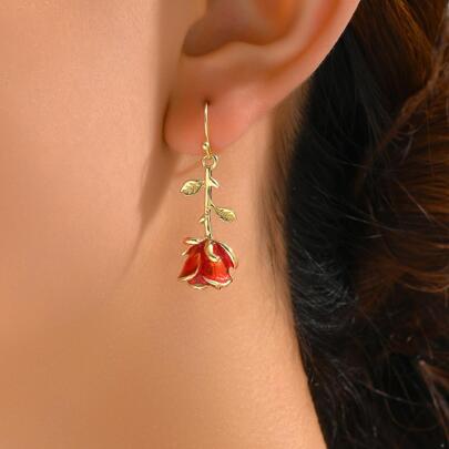1 Par de aretes románticos y adorables con flores de rosa metálicas, esmalte rojo y diseño creativo y punkrock para fiestas, citas, San Valentín, mamá, Día de la Madre, regalo
