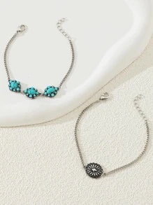 1套女士绿松石西部风格链式手链 - 復古銀色 - 查看 2