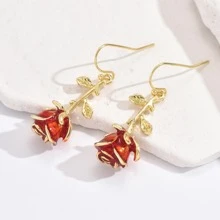 1Pair Romantic Lovely Earrings Metallic Rose Flower Red Enamel Creative Punky Drop Earrings For Holiday Party Dating Valentines,Mom,Mother,Mother's Day,Gift