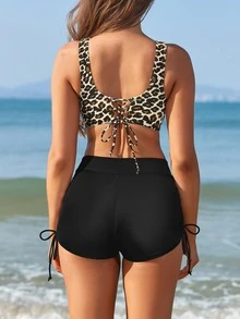 豹紋印花側抽繩比基尼泳裝 - 彩色 - 查看 2