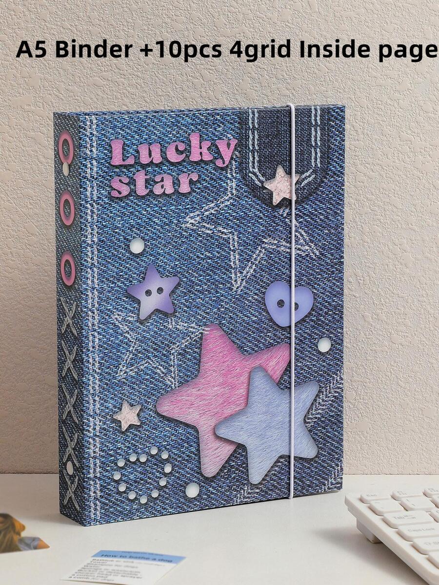 1pc Star Pattern Binder Loose Leaf Cover & 10pcs Inner File Pocket, Modern Portable Binder Loose Leaf Cover & File Pocket Set For Student - Blue - View 1