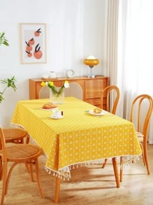 1pc Bohemian Yellow Geometric Linen Rectangular Tablecloth, Modern Minimalist, Geometric Pattern, Fresh, Suitable For Dining Table, Coffee Table, Bedside Cabinet, Applicable For Dining Room, Party, Picnic, Camping, Birthday, All Seasons - Yellow - View 5