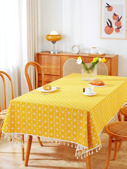 1件波西米亚风黄色几何图案亚麻长方形桌布，现代简约，几何图案，清新，适用于餐桌、咖啡桌、床头柜，可用于餐厅、派对、野餐、露营、生日等场合，四季皆宜。