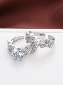 2 chiếc nhẫn Cubic Zirconia mạ vàng khảm vi mô, Quà tặng trang sức cho đám cưới, đính hôn, tỏ tình - Bạc - Xem 2