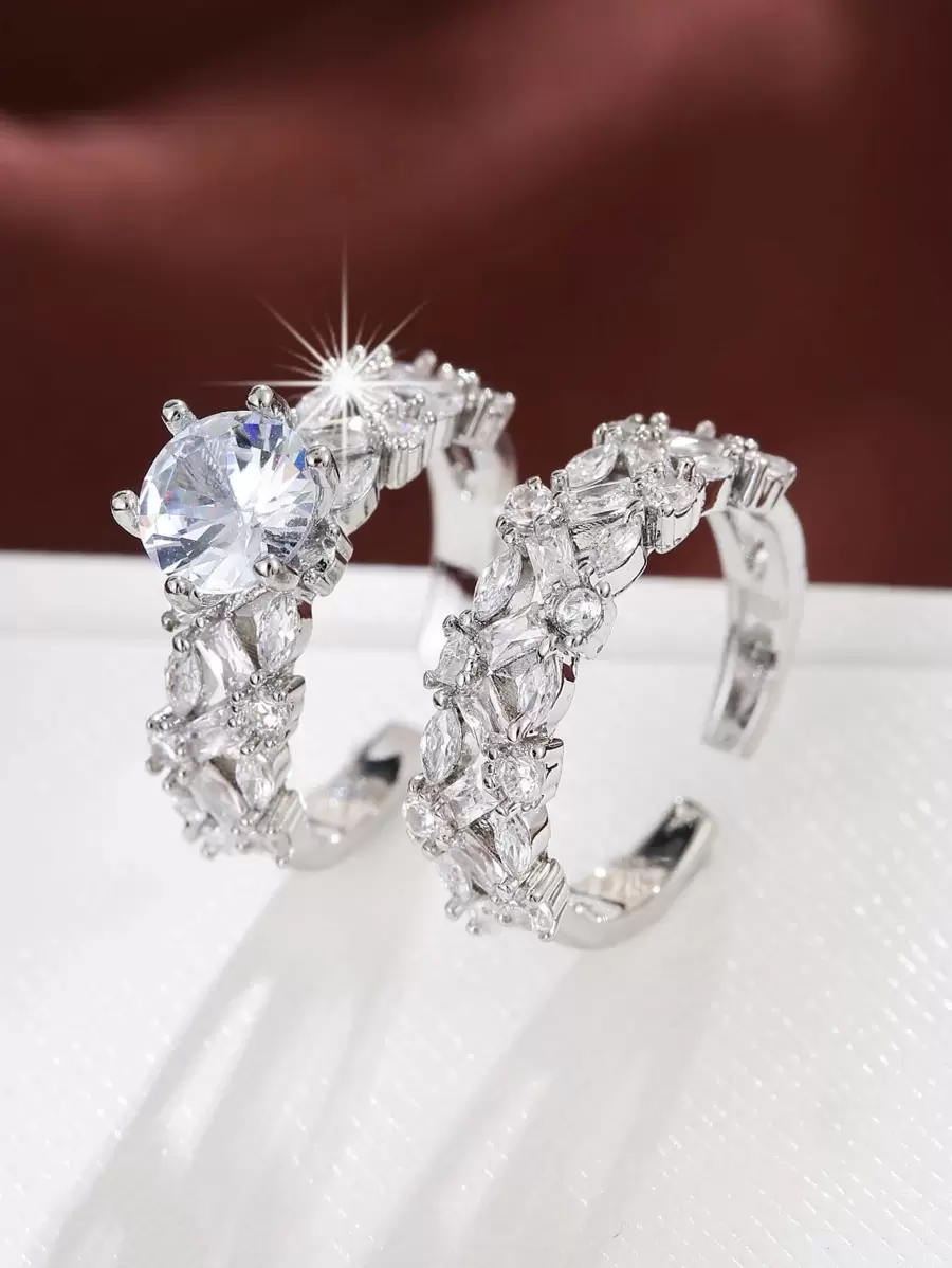 2 chiếc nhẫn Cubic Zirconia mạ vàng khảm vi mô, Quà tặng trang sức cho đám cưới, đính hôn, tỏ tình - Bạc - Xem 1