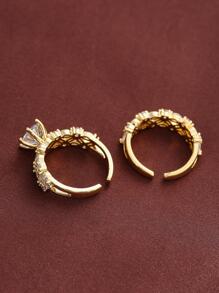 2 件镀金微镶嵌方晶锆石戒指，婚礼、订婚、求婚珠宝礼物 - 金黃色 - 查看 4