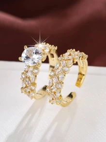 2 件镀金微镶嵌方晶锆石戒指，婚礼、订婚、求婚珠宝礼物 - 金黃色 - 查看 1