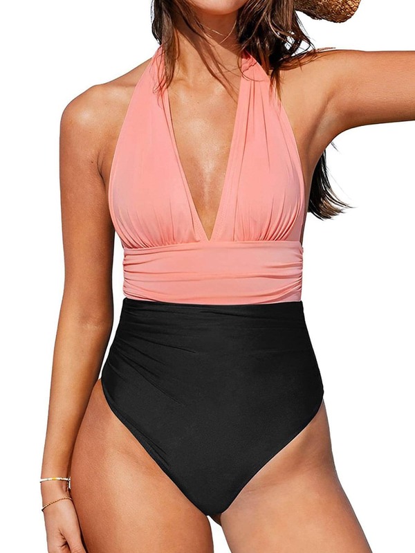 Two Tone Ruched Halter One Piece Swimsuit Summer