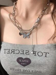 時尚蝴蝶愛心掛飾多層次項鍊適合女士適用於日常通勤 - 銀色 - 查看 4