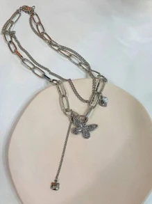 時尚蝴蝶愛心掛飾多層次項鍊適合女士適用於日常通勤 - 銀色 - 查看 5