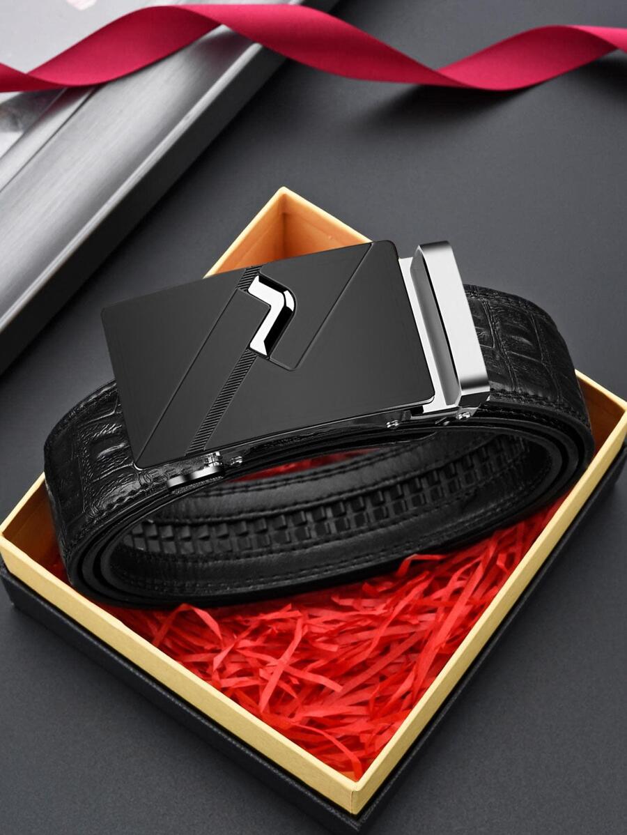 1入組男士鱷魚壓紋自動扣時尚皮帶日常裝飾 - 黑色 - 查看 1