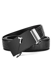 1入組男士鱷魚壓紋自動扣時尚皮帶日常裝飾 - 黑色 - 查看 6