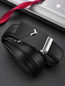 1入組男士荔枝紋壓花自動扣時尚皮帶日常裝飾 - 黑色 - 查看 3
