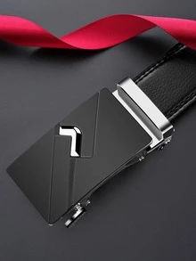 1入組男士荔枝紋壓花自動扣時尚皮帶日常裝飾 - 黑色 - 查看 2