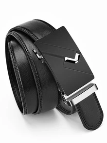 1入組男士荔枝紋壓花自動扣時尚皮帶日常裝飾 - 黑色 - 查看 5