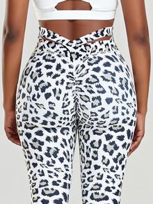 Leopard Print Cross Back Scrunch Sports Leggings - Đen và trắng - Xem 5