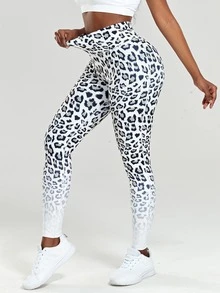 Leopard Print Cross Back Scrunch Sports Leggings - Đen và trắng - Xem 2