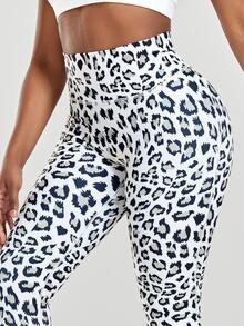 Leopard Print Cross Back Scrunch Sports Leggings - Đen và trắng - Xem 4
