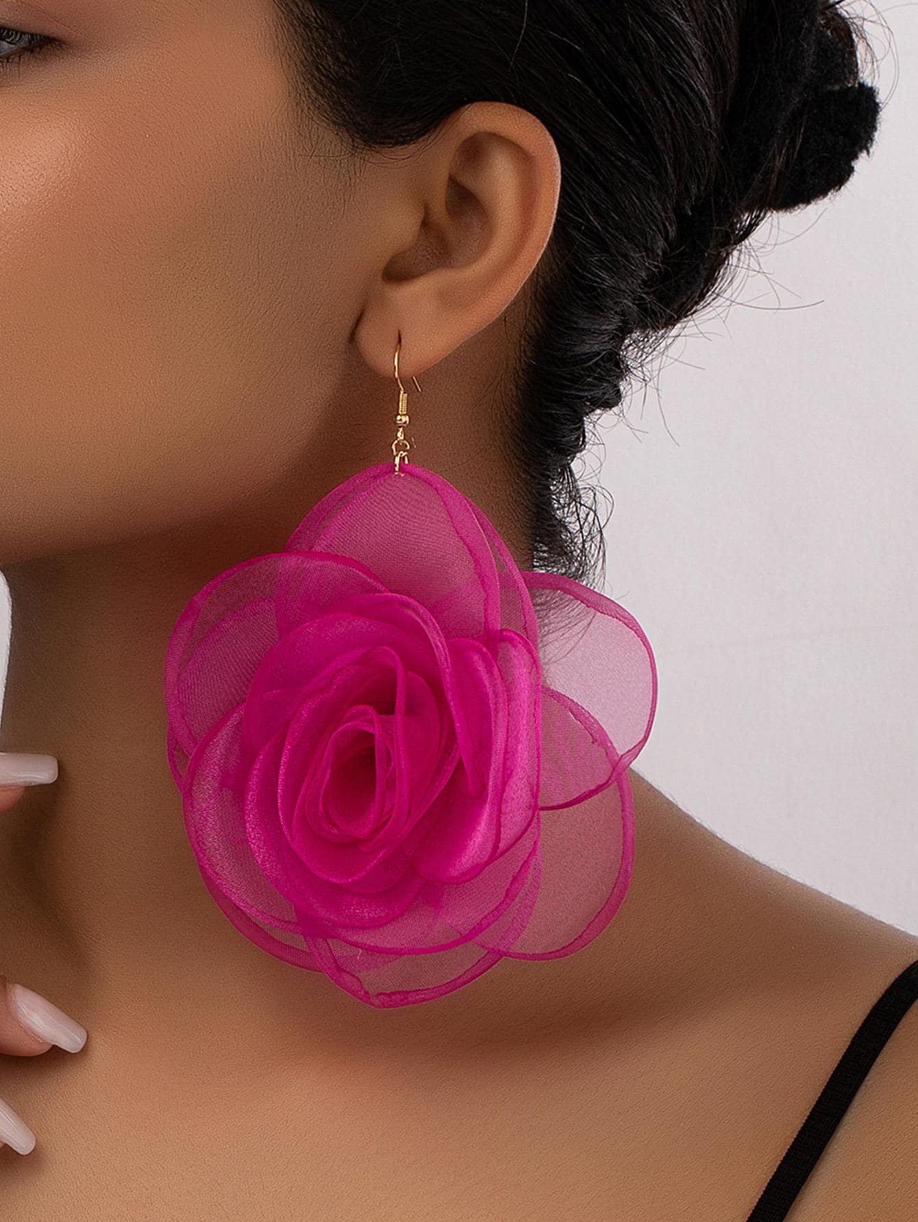 1pair Fabric Organza Rosette Phantom Flower Earrings For Women Valentines,Mom,Mother,Mother's Day,Gift - Pink - View 1