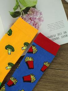 2 đôi tất nữ kiểu Pháp khoai tây chiên & bông cải xanh họa tiết phi hành đoàn thời trang cho cuộc sống hàng ngày - Nhiều màu - Xem 4