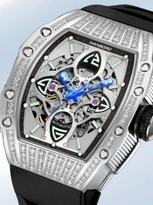 1pc Black Silicone Strap Gorgeous Rhinestone Decor Tonneau Dail Mechanical Watch, For Daily Decoration - Black - View 2