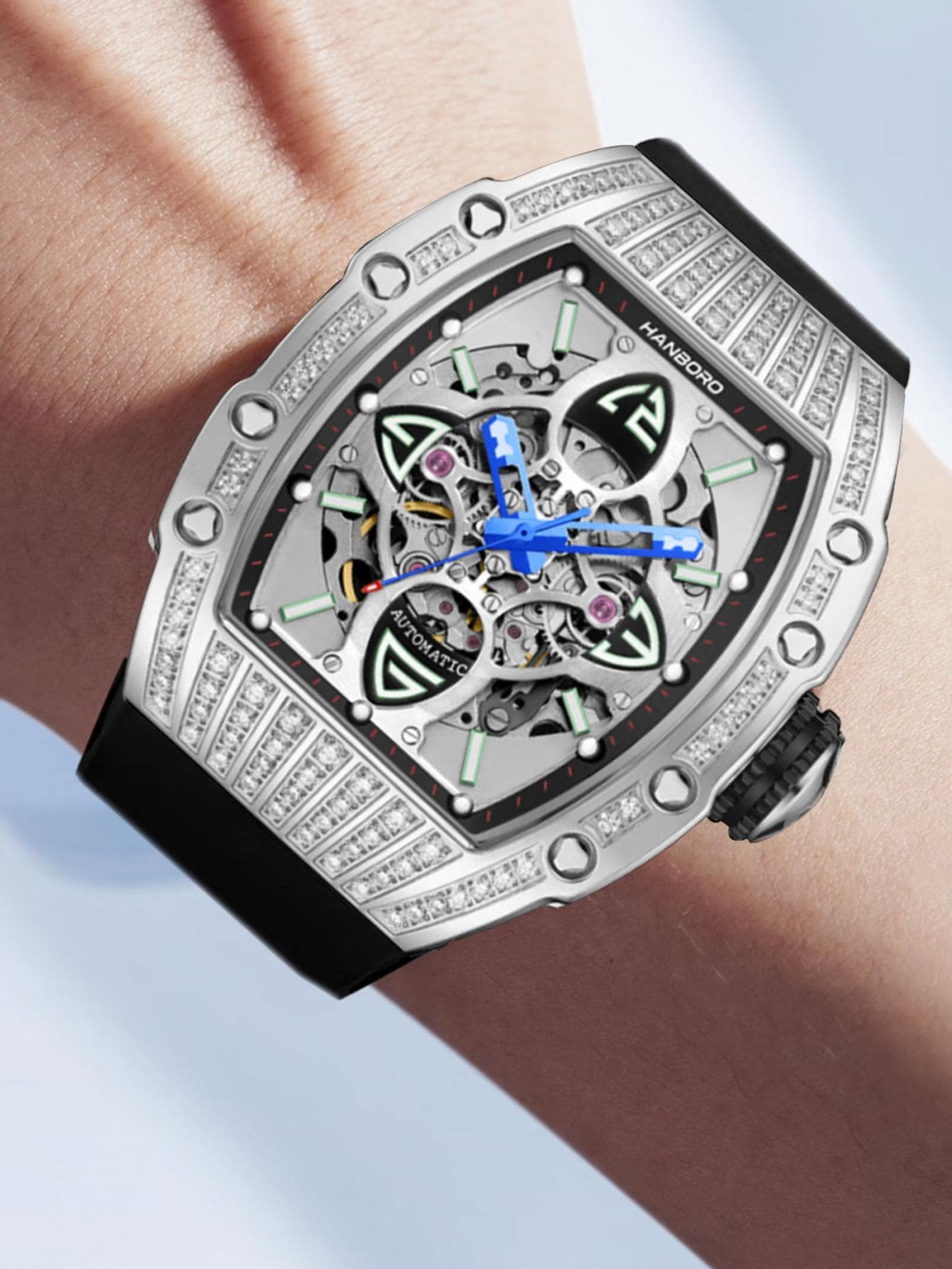 1pc Black Silicone Strap Gorgeous Rhinestone Decor Tonneau Dail Mechanical Watch, For Daily Decoration - Black - View 1