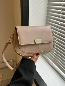 Túi đeo chéo có nắp yên ngựa cổ điển thanh lịch màu trơn thời trang dành cho nữ - Màu Khaki - Xem 2