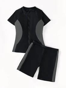 Colorblock Zipper Front Tankini Swimwear - Multicolor - View 4