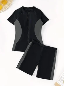 Colorblock Zipper Front Tankini Swimwear - Multicolor - View 1