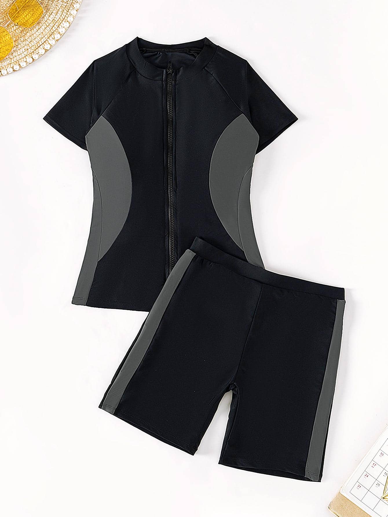 Colorblock Zipper Front Tankini Swimwear - Multicolor - View 1