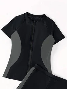 Colorblock Zipper Front Tankini Swimwear - Multicolor - View 2