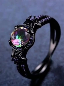 方晶鋯石裝飾戒指 - 槍黑色 - 查看 1