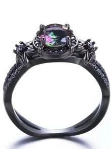 方晶鋯石裝飾戒指 - 槍黑色 - 查看 3