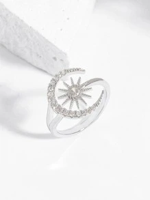 方晶鋯石月亮和星星裝飾戒指 - 銀色 - 查看 1