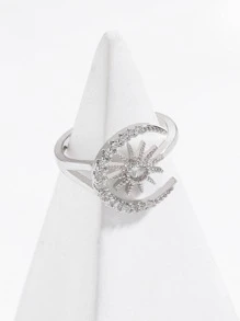 方晶鋯石月亮和星星裝飾戒指 - 銀色 - 查看 2