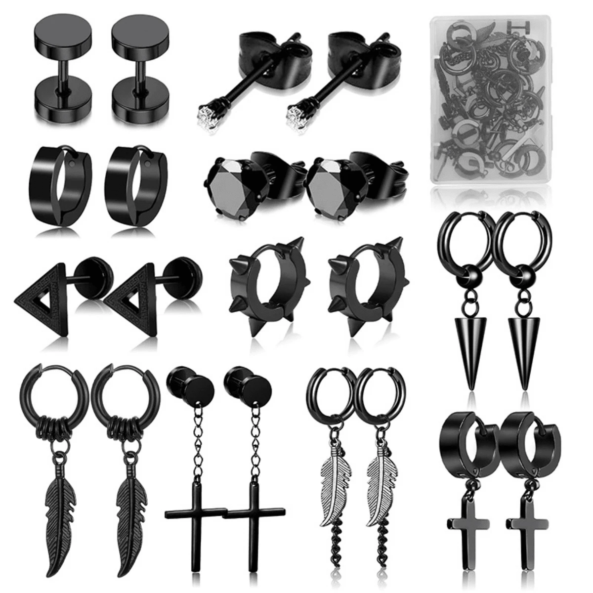 11 Pairs Earrings For Men, Black Stainless Steel Earrings Stud Kit For Men Women Fashion Piercing Jewelry Cross Dangle Hoop Earrings Set