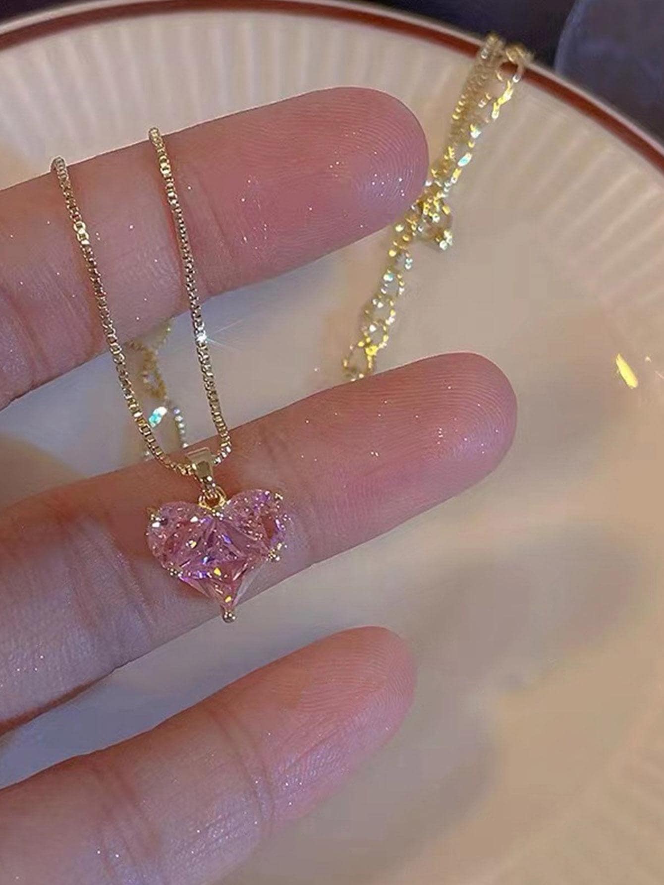 1 件超閃亮粉紅色水晶玻璃心形吊墜項鍊適合女士日常佩戴 - 粉色 - 查看 1