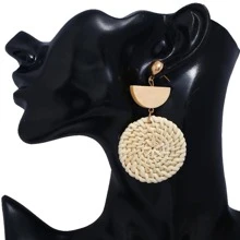 Bông tai thả tròn bằng mây - Màu be - Xem 2