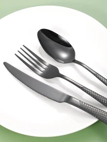 4pcs Stainless Steel Tableware Solid Color Cutlery Set, Knife Fork Coffee Spoon Dinnerware Flatware Set - Black - View 3