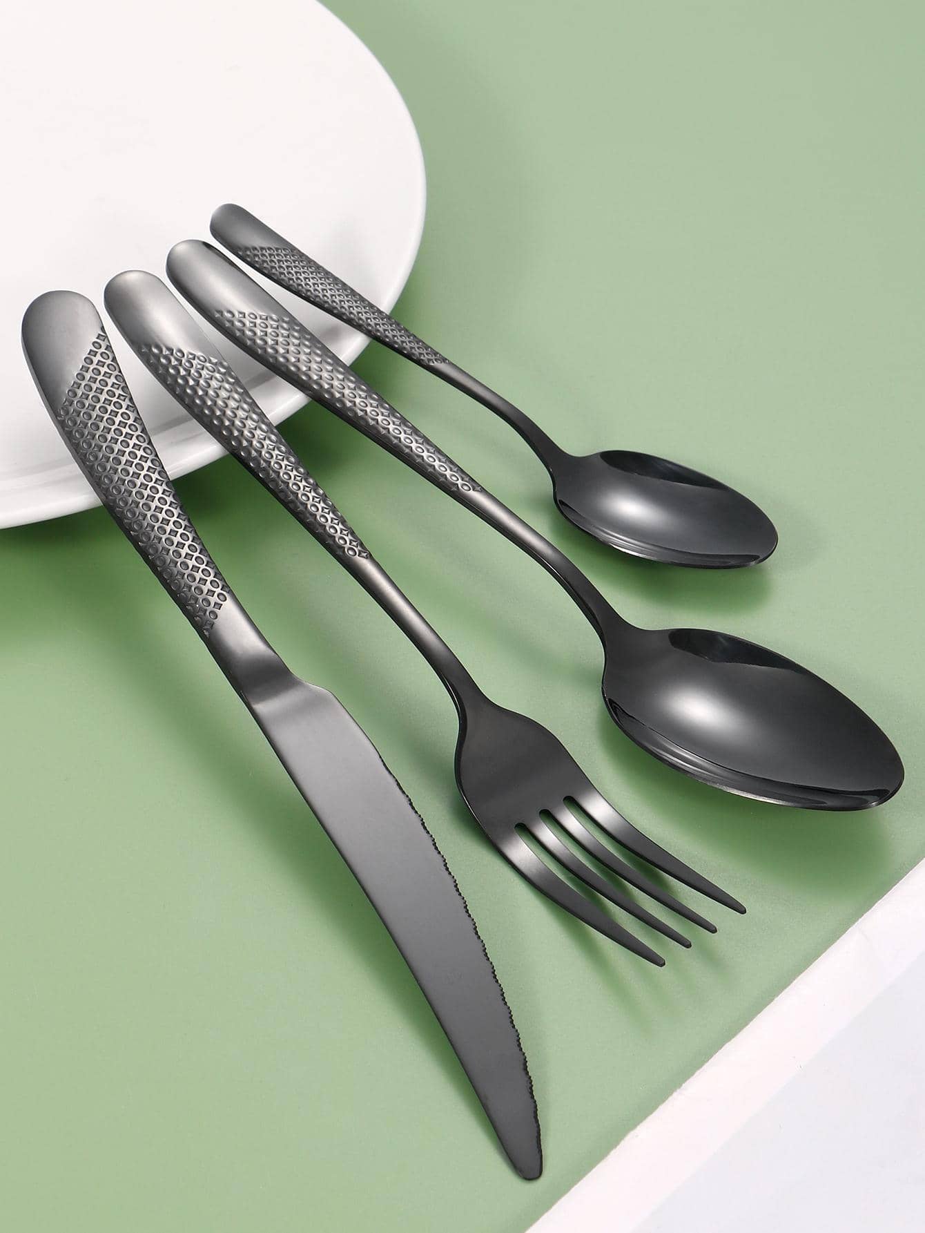 4pcs Stainless Steel Tableware Solid Color Cutlery Set, Knife Fork Coffee Spoon Dinnerware Flatware Set - Black - View 1