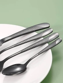 4pcs Stainless Steel Tableware Solid Color Cutlery Set, Knife Fork Coffee Spoon Dinnerware Flatware Set - Black - View 2