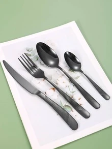 4pcs Stainless Steel Tableware Solid Color Cutlery Set, Knife Fork Coffee Spoon Dinnerware Flatware Set - Black - View 4